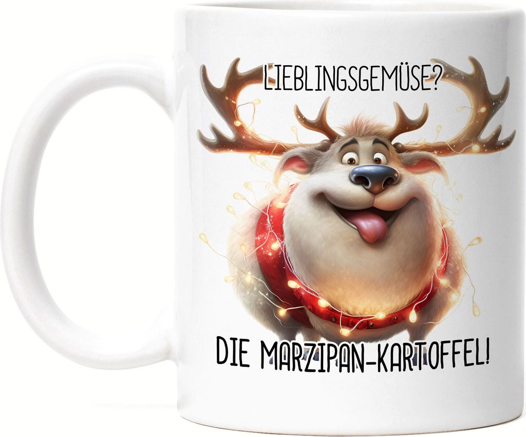 Lieblingsgemüse Marzipankartoffel Lustiges Rentier Julklapp Geschenk Tasse Weiß Lichterkette Adventsgeschenk