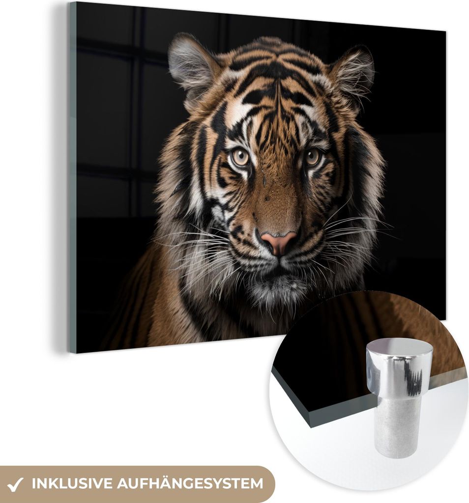 MuchoWow Glasbilder - Bilder auf Wandbild - Foto auf Glas Tiger - Porträt - Schwarz - Tier 60x40 cm Wanddekoration aus Glas - Acrylglasbild - Acry...