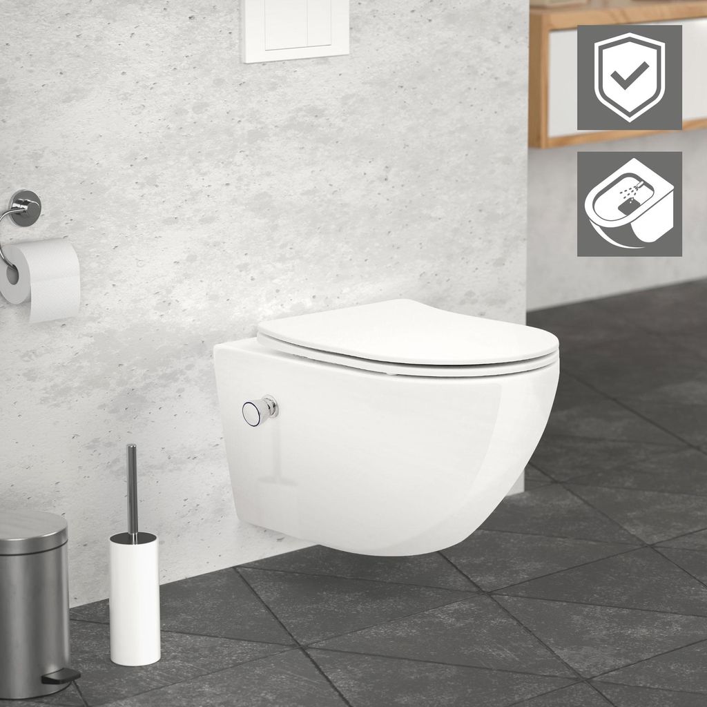 LuxeBath Spülrandloses Hänge-WC mit Nano Beschichtung, Weiß, lang, Bidet Funktion