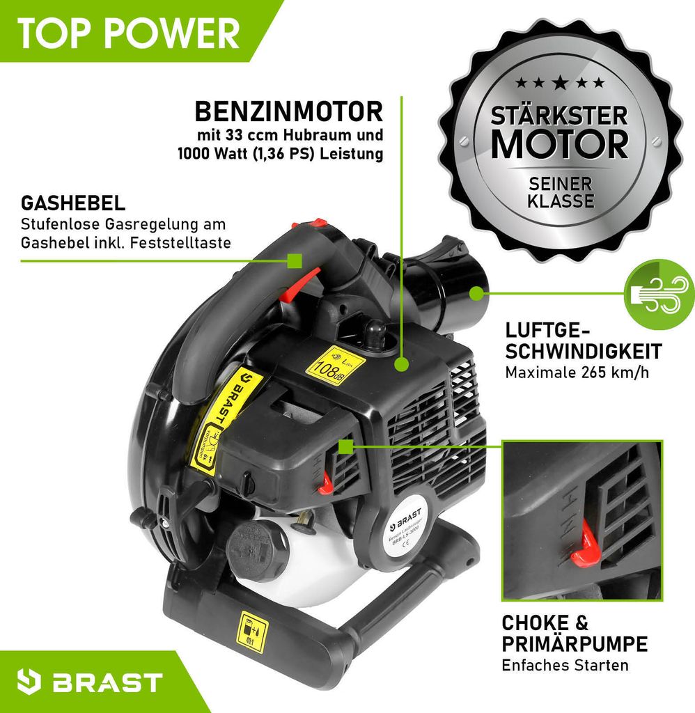 BRAST Laubsauger Laubbläser Benzin 1,0kW(1,36PS)   55L Produktbild 7