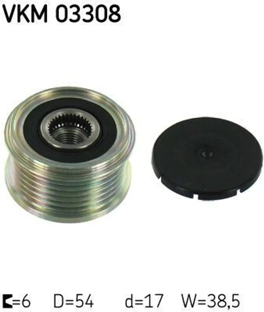 SKF VKM03308 Ruota libera alternatore OE 77363468 compatibile con C3, C4, C4er, C5, Berlingo, C-Elysee, C2, 307, C6, C8, DS3, DS4, DS5, Jumper, Jumpy, Nemo, Xsara, Ducato, Scudo, Ulysse, Fiesta, Phedra, 1007, 2008, 206, 207, 208, 3008, 301, 308, 4008, 406, 407, 5008, 508, 607, 807, Bipper, Boxer, Expert, Partner, RCZ