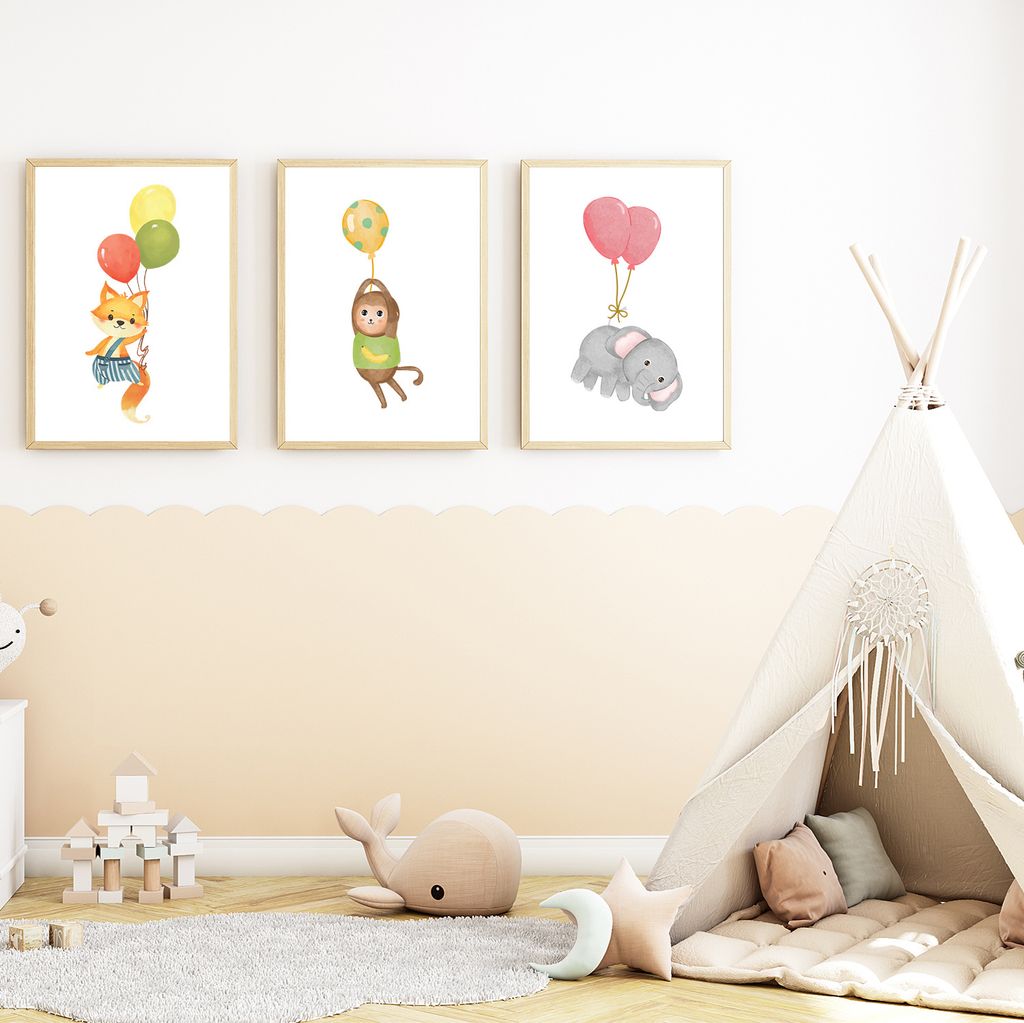 Luftballon Tiere 3er Set Kinderzimmer Bilder DIN A4 Poster Babyzimmer Wandbilder Dekoration - Fuchs Affe Elefant