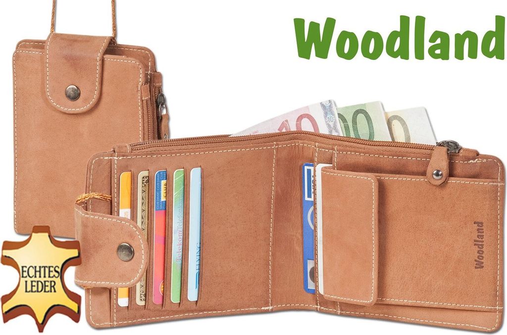 Woodland Multibag 3 in 1: Geldbörse - Brustbeutel - Gürteltasche, alles in einem! Aus weichem, naturbelassenem Büffelleder in Cognac