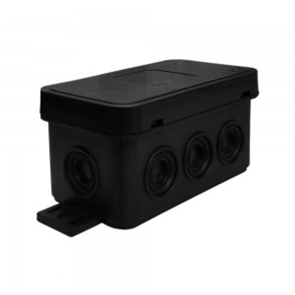 A black electrical junction box with multiple circular openings on its side, presented on a white background.
