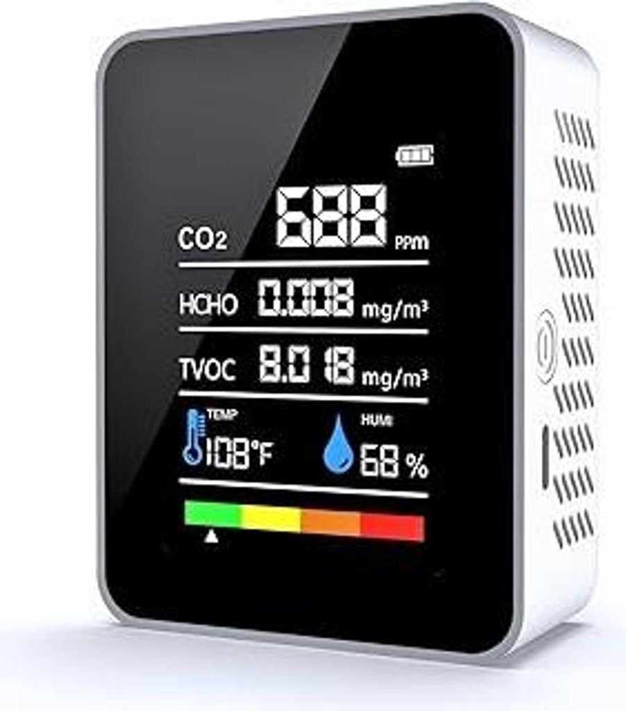 CO2 Messgerät, 5 in 1 Luftqualitätsmessgerät Innenbereich co2 Melder Formaldehyd Messgerät Thermometer Hygrometer mit Alarm, Luftqualitätsmoni...