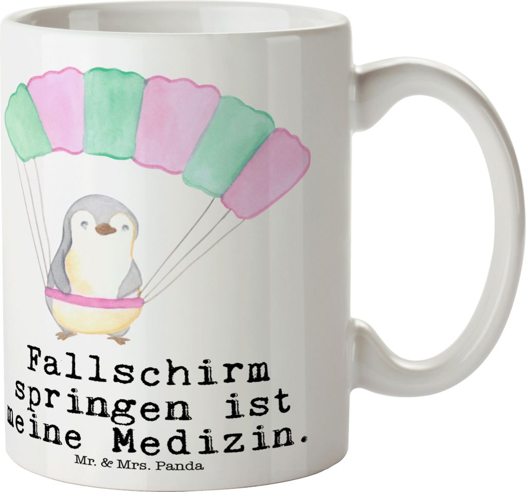 Mr. & Mrs. Panda Kaffeebecher Pinguin Fallschirm springen - Weiß - Geschenk, Fallschirmspringen, schöne tasse, Luftakrobatik, Skydive, Trinkbeche...