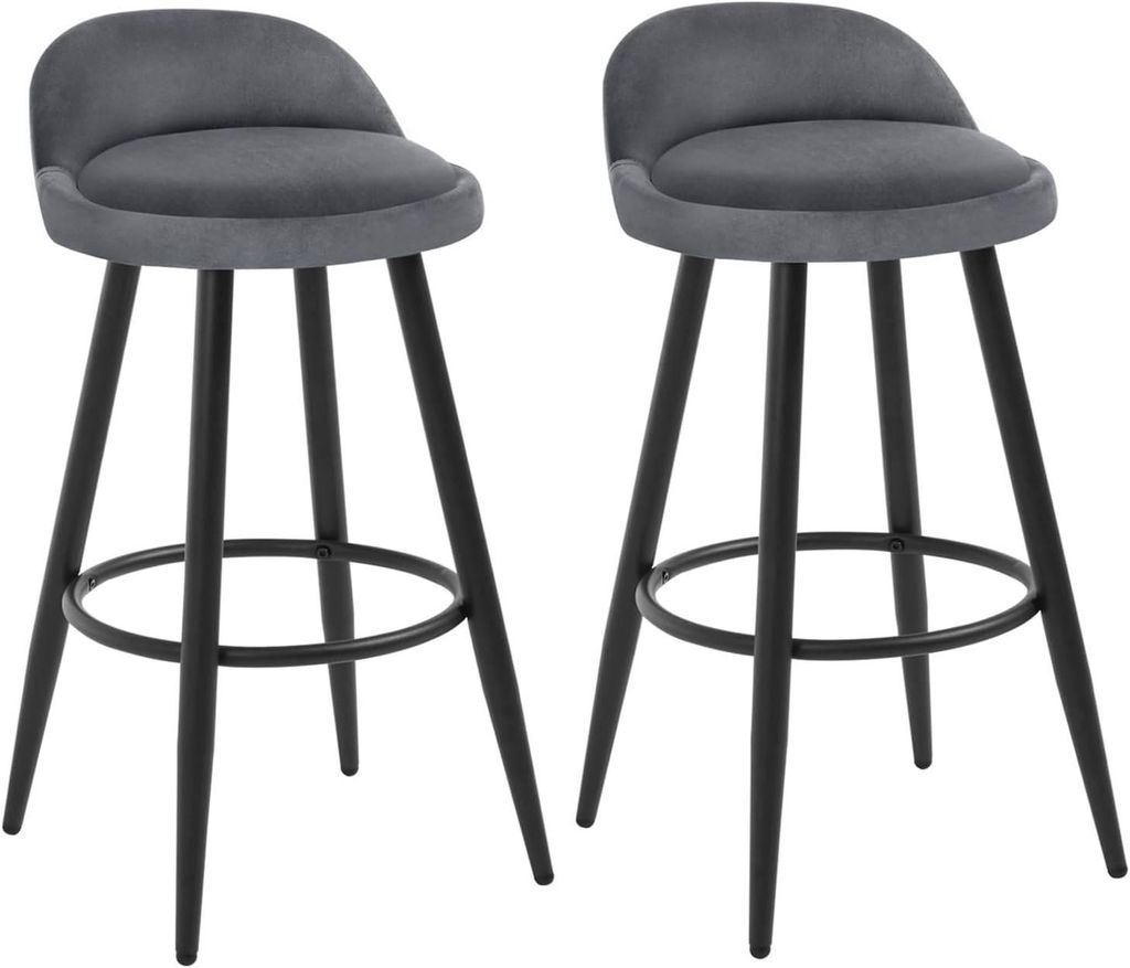 Two dark gray bar stools are shown from the front against a white background.