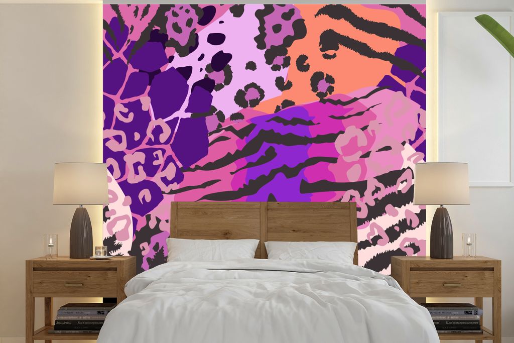 MuchoWow Fototapete für Wohnzimmer oder Schlafzimmer Wandtapete Vinyl Motivtapete Tiere - Pantherdruck - Rosa - 300x300 cm - Wanddekoration