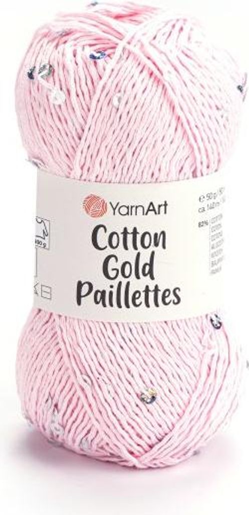 A ball of pink yarn with small metallic threads and sequins.