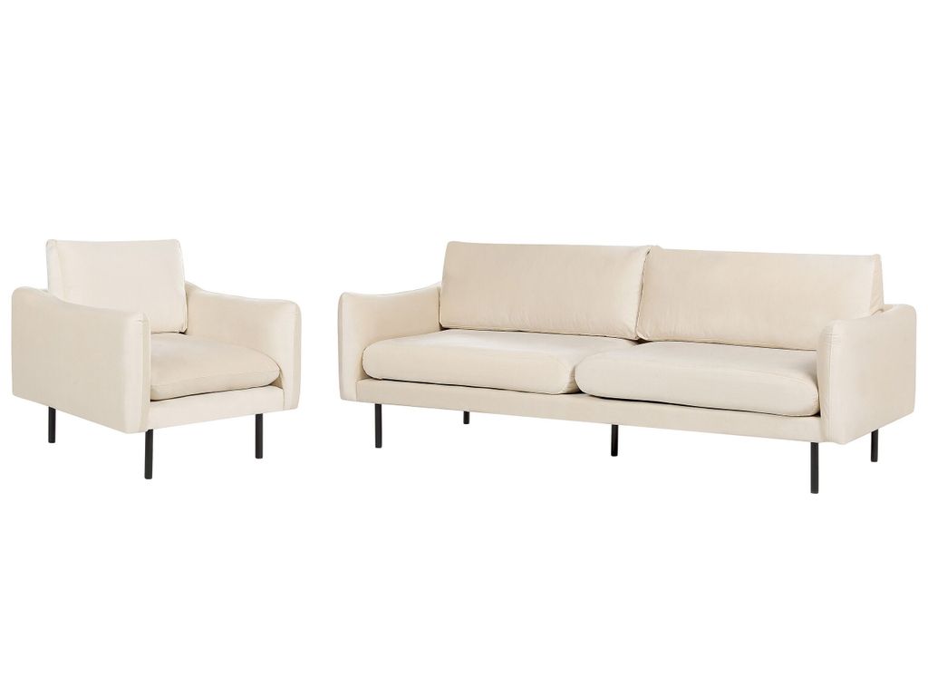 BELIANI Sofa Set Hellbeige Samt 3-Sitzer Sofa und Sessel mit Hohen Schwarzen Metallfüßen Dicke Sitzkissen Schmale Armlehnen Lose Rücken- & Sitzk...