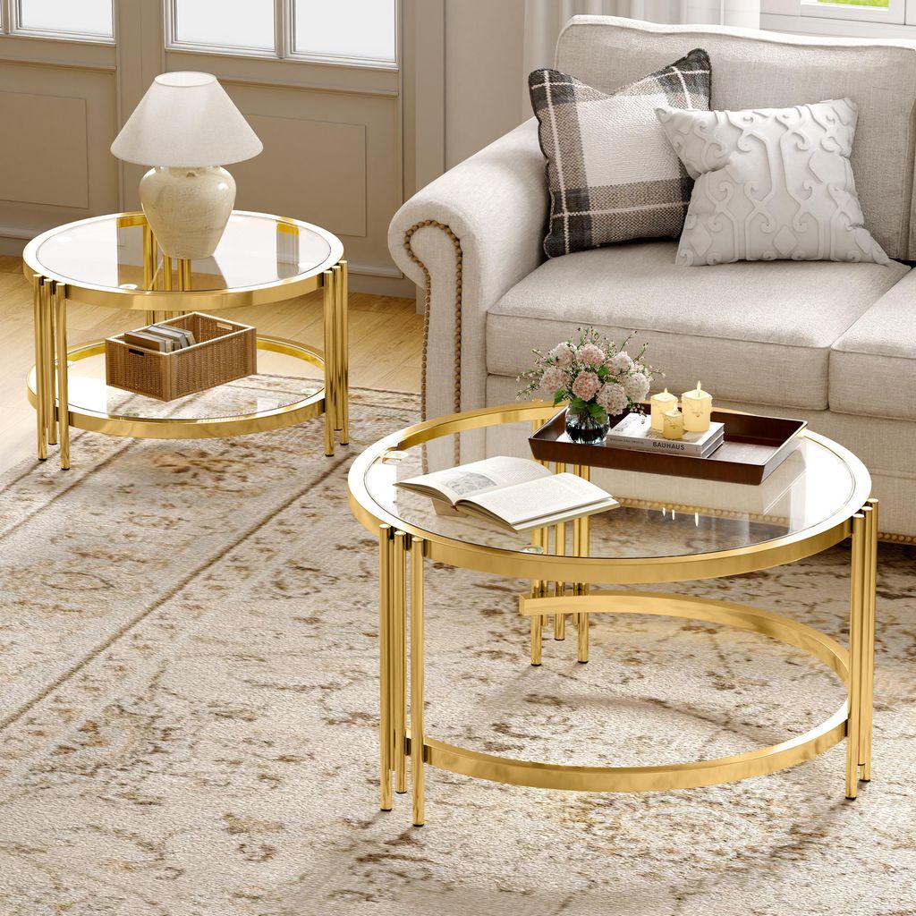 okwish Couchtisch 2er-Set mit Glasplatte, Sofatisch Produktbild 