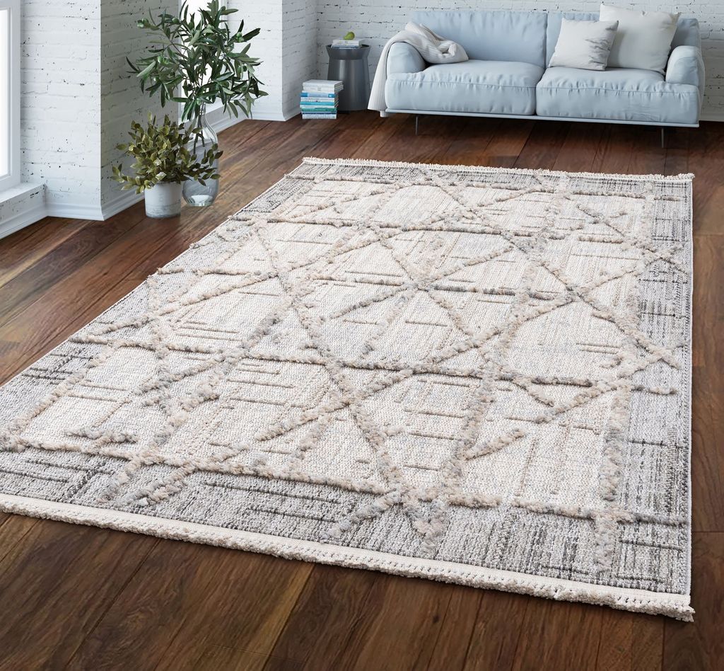 TT Home Wohnzimmer Teppich Kurzflor Geometrischer Stil Skandi Ethno Fransen 3D Muster Größe 120 cm Rund