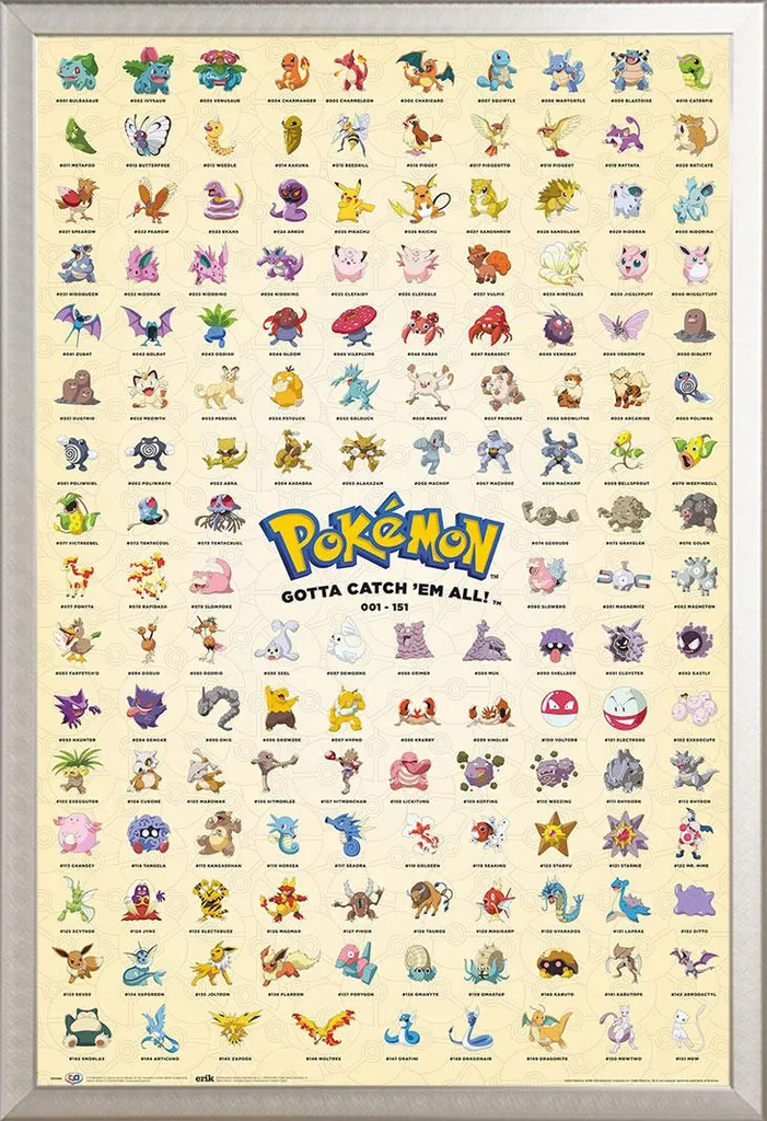 Poster Pokémon 151 avec cadre aluminium argenté vitre anti-casse