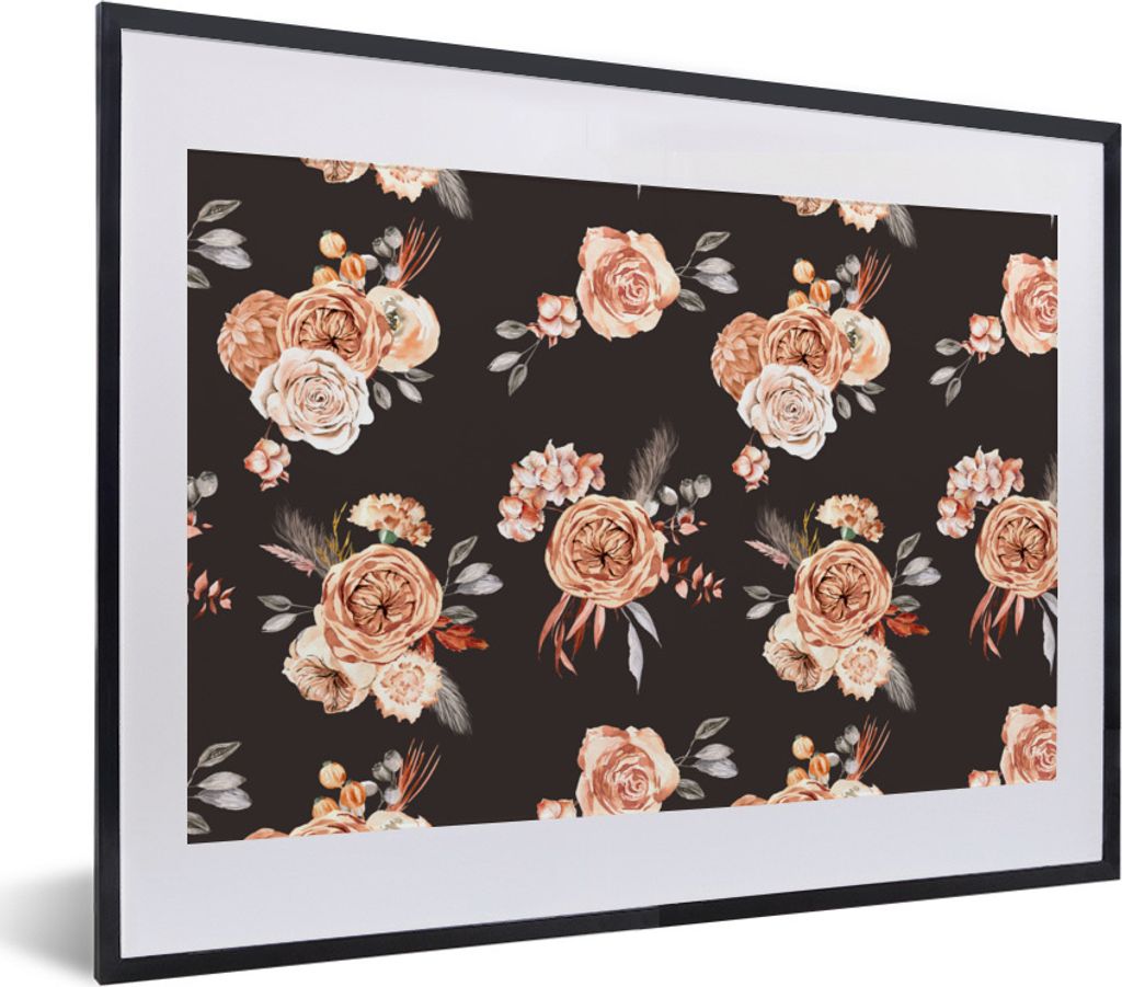 MuchoWow Gerahmtes Poster Blumen - Schwarz - Muster 40x30 cm - Poster mit Schwarzem Bilderrahmen Wandposter Rahmen Foto Bilder - Bilderrahmen - P...