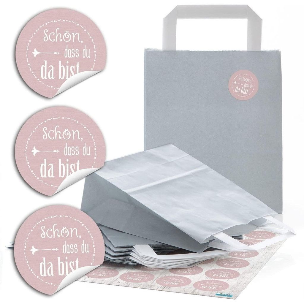 Set - 24 große graue Henkeltüten + 24 rosa Schön dass du da bist Aufkleber
