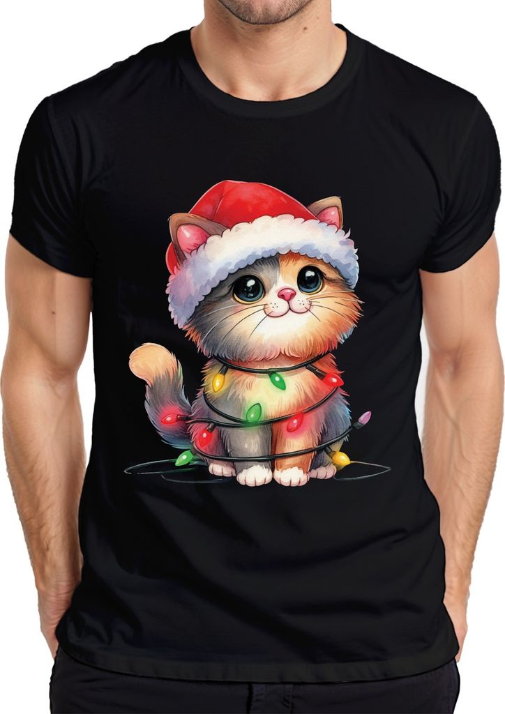 Katze Lichterkette Katzenliebhaber - Weihnachten Weihnachtsgeschenk Christmas Herren T-Shirt, Schwarz, S
