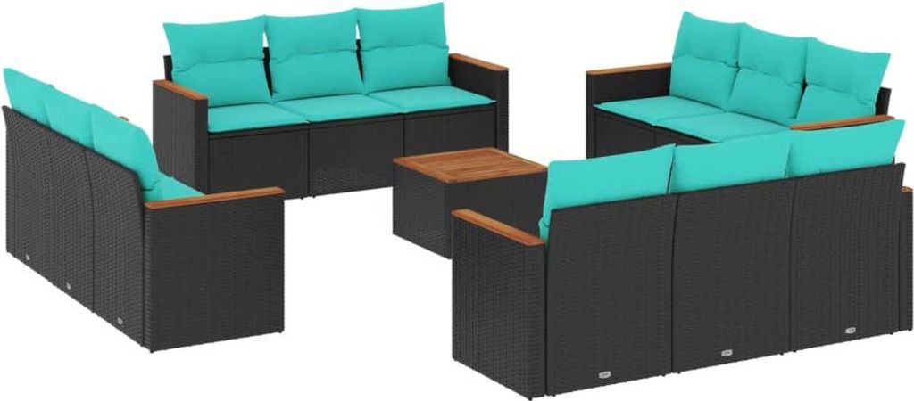 13-teiliges Gartensofa-Set mit Kissen, schwarzes Polyrattan