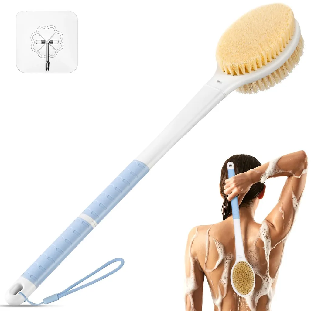 Brosse de douche à poils souples et résistants avec manche long bleu
