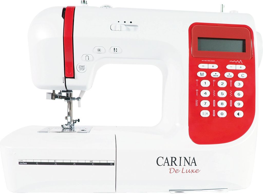 A white and red CARINA De Luxe computer sewing machine is shown against a white background.