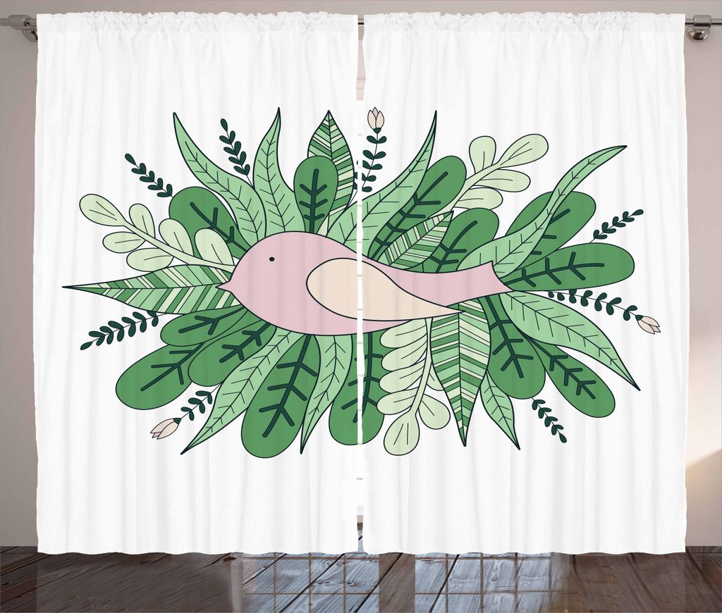 ABAKUHAUS Kindergarten Rustikaler Gardine, Tiny Sparrownd Leaves, Schlafzimmer Kräuselband Vorhang mit Schlaufen und Haken, 280 x 245 cm, Farngrü...