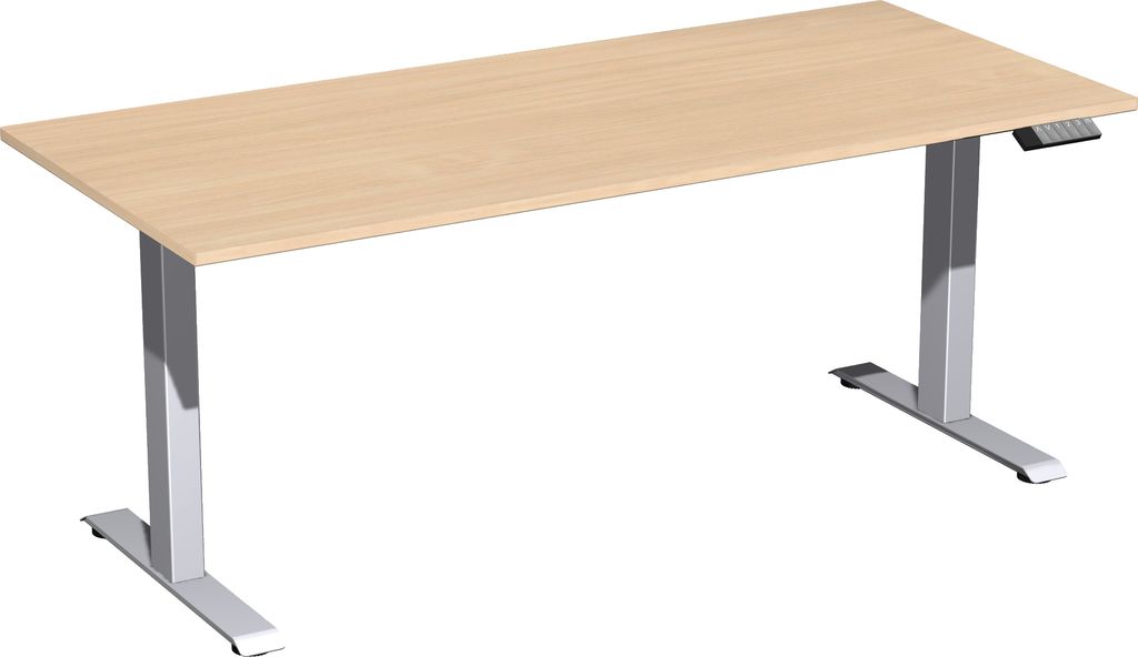 Schreibtisch, elektr. höhenverstellbar, BxTxH 1800x800x630-1280 mm, Melamin-Platte 25 mm, buche/silber