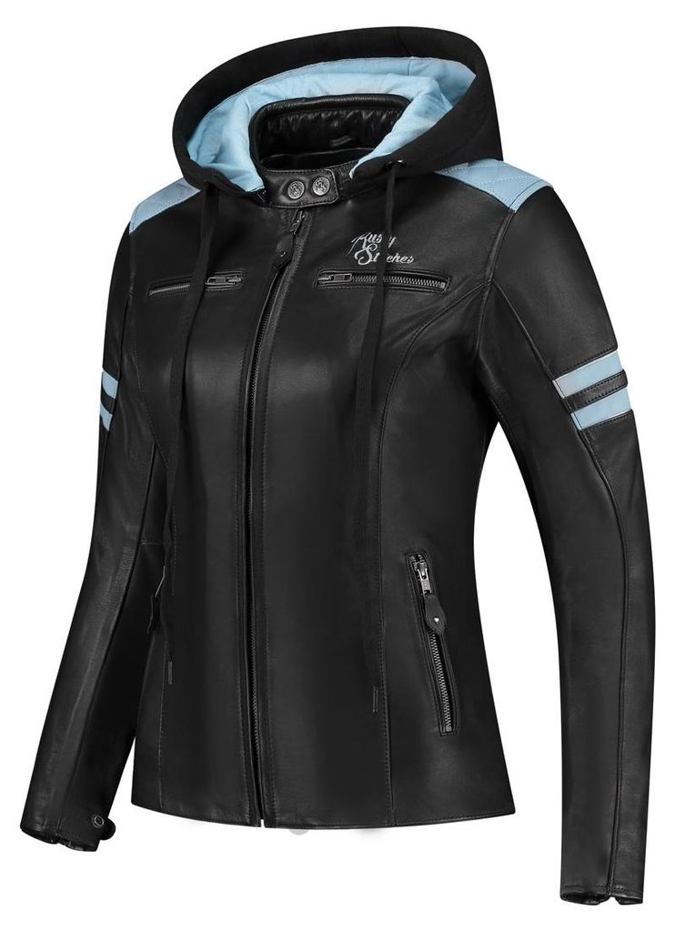 Rusty Stitches Joyce Hooded V2 Damen Motorrad Lederjacke, schwarz/blau, 46