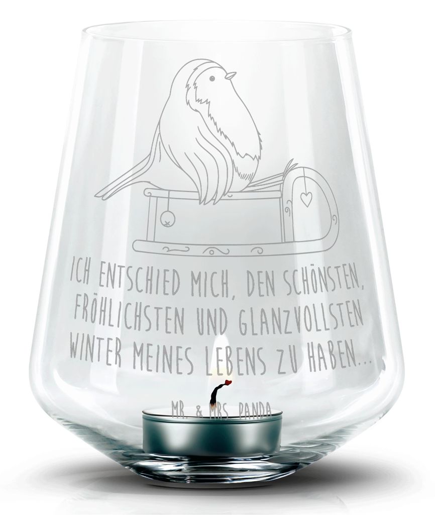 Mr. & Mrs. Panda Glas Teelichthalter Rotkehlchen Schlitten - Transparent - Geschenk, Vogel, Kerzenhalter, Windlicht, Weihnachten, Laterne