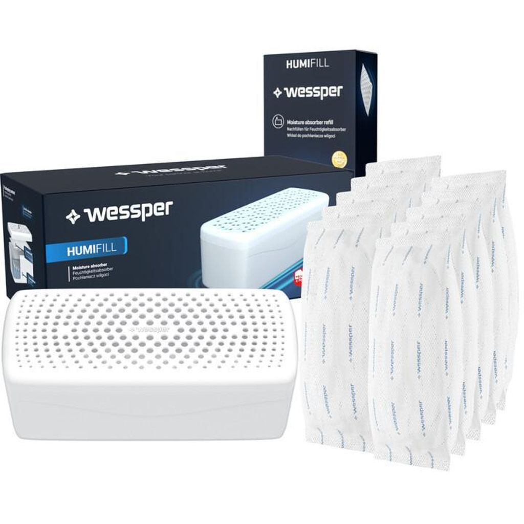 Wessper Luftentfeuchter + 10x 500 g HUMIFILL Granulat – Raum-Entfeuchter gegen Feuchtigkeit, Schimmel & Gerüche