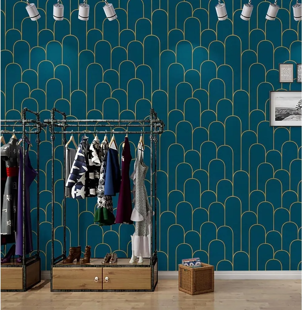 Papier Peint Géométrique Vinyle Imperméable Turquoise Or 44CMx10M Chic - 6