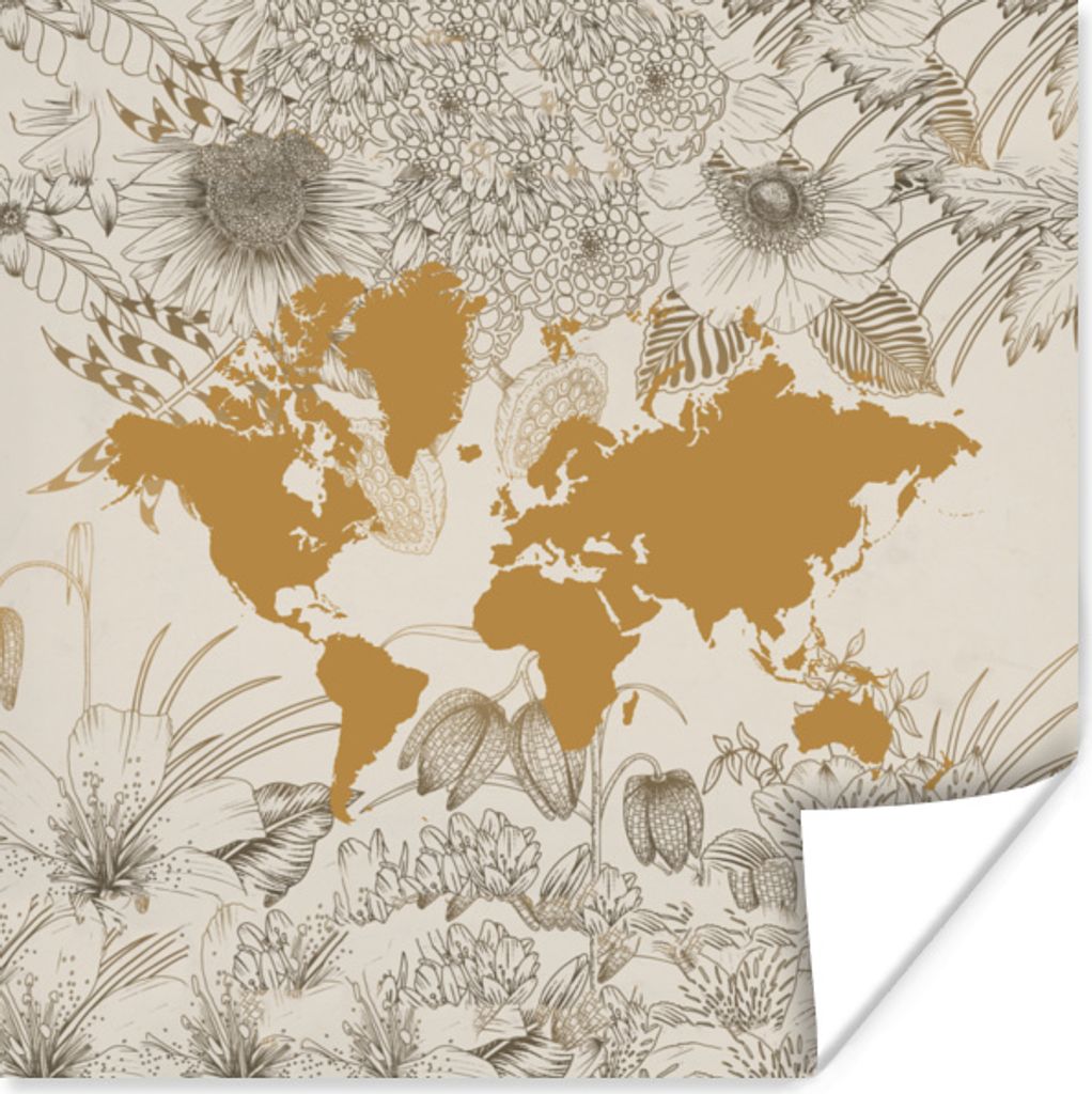 MuchoWow Poster Weltkarte - Blume - Gold 100x100 cm - Babyzimmer