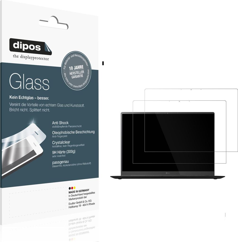 2x Schutzfolie für LG gram Pro 16 2025 - Anti-Shock 9H Folie dipos Glass Kunststoffglas