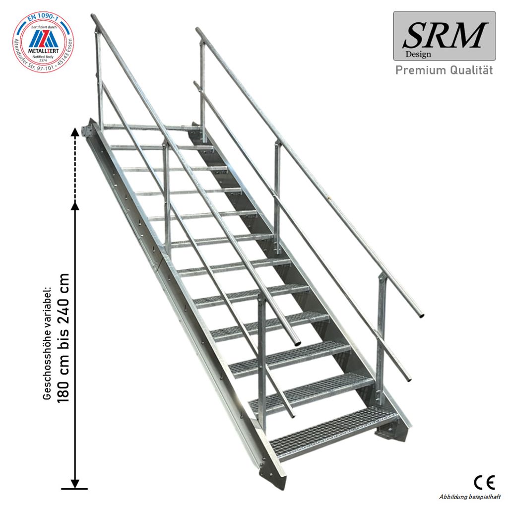 12 Stufen Stahltreppe beidseitig. Geländer Breite 140cm Geschosshöhe 180-240cm