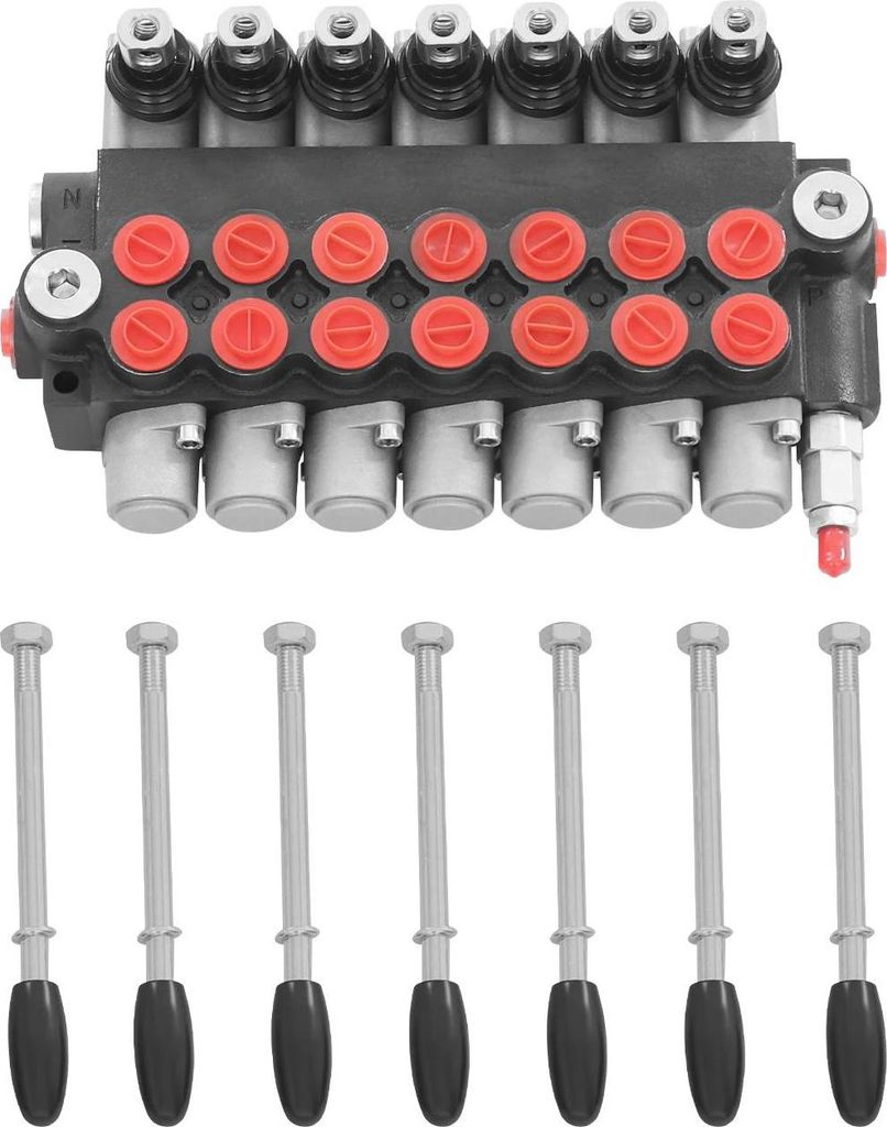 7P40 - Hydraulisches Wegeventil - 7 Sektionen - 13 GPM Durchfluss - Gusseisen - Für Holzspalter und Lader - Spulenfunktion O, Y, PA - Rot