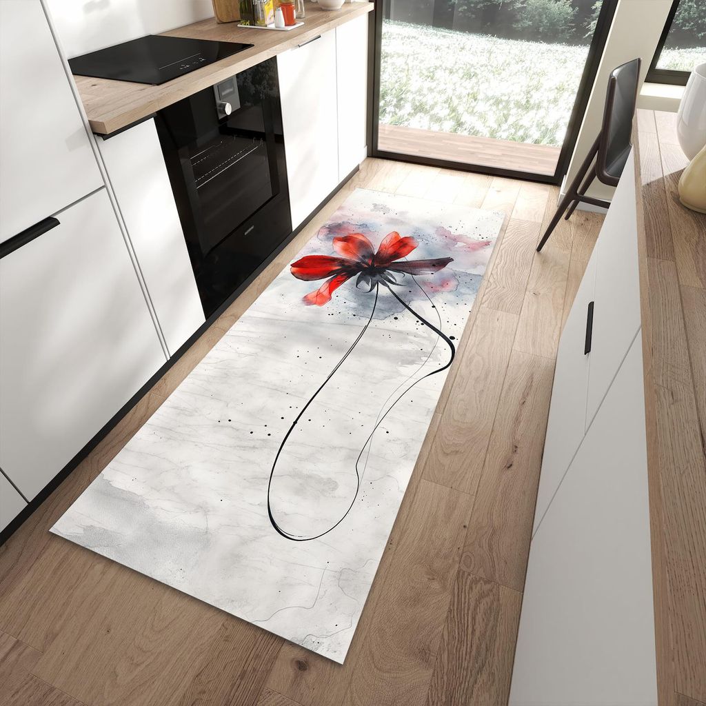 Küchenteppich 90x240cm rutschfest & abwischbar PVC Läufer - Abstrakte Blüte