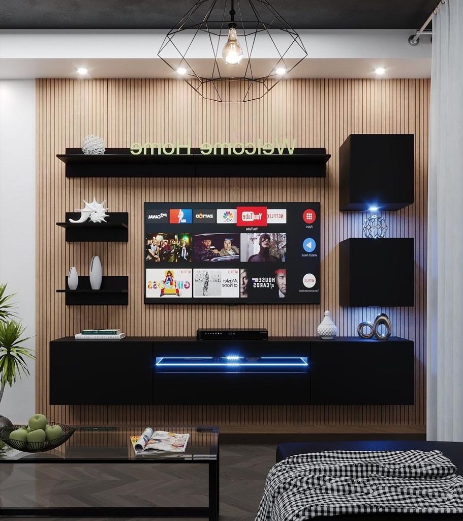 Furnitech Wohnwand Wohnzimmer, Möbel, Hängend Wohnwand Modern, Schrankwand mit Regale, TV Schrank, 257 cm, Schwarz Matt M27-24M-B1 1C ohne LED