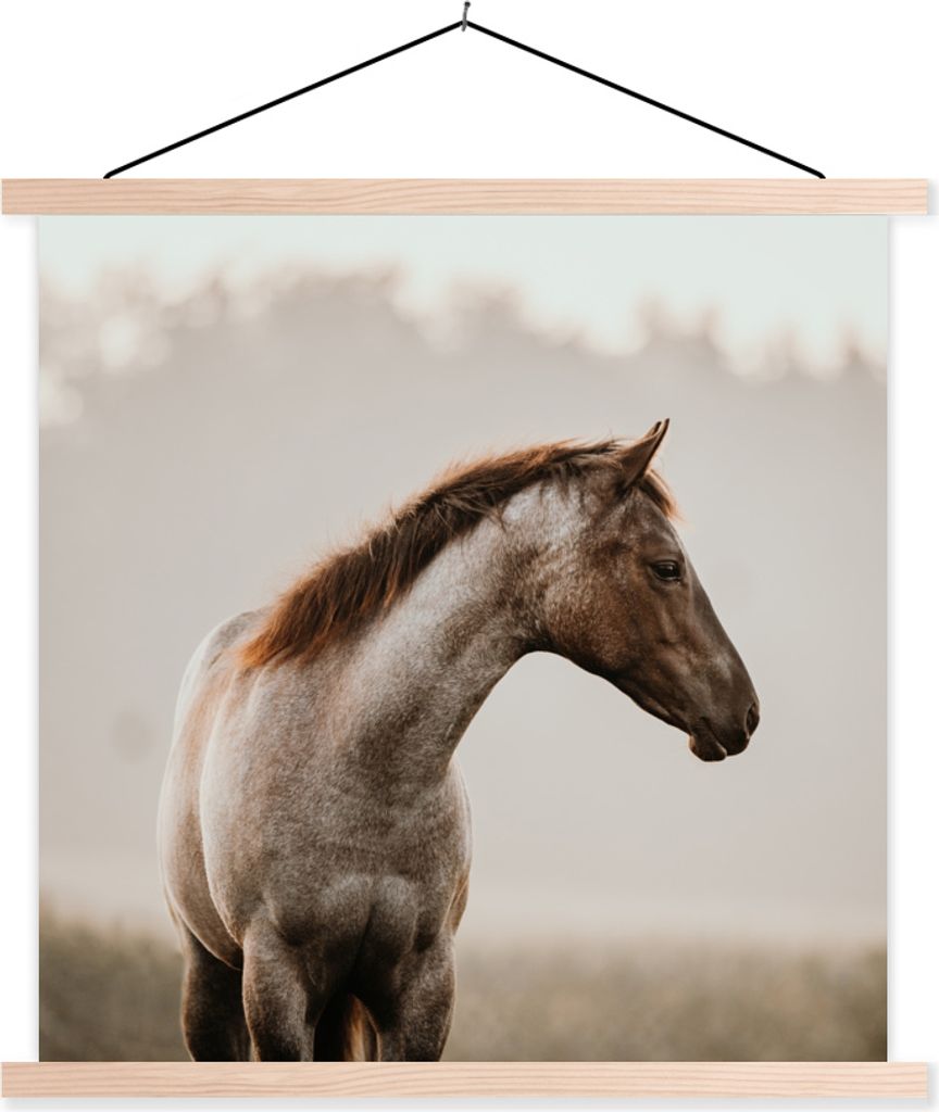 MuchoWow Textilposter Pferd - Nebel - Natur 60x60 cm mit holzfarbenen Rahmen - Wanddekoration