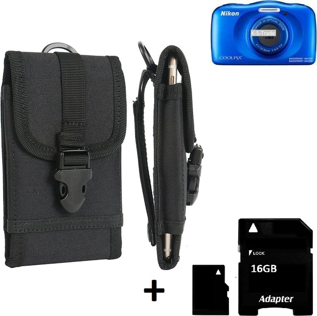 K-S-Trade Kameratasche Gürteltasche kompatibel mit Nikon Coolpix W150 Outdoor Gürtel Tasche für Kompaktkamera + 16GB Speicherkarte Holster