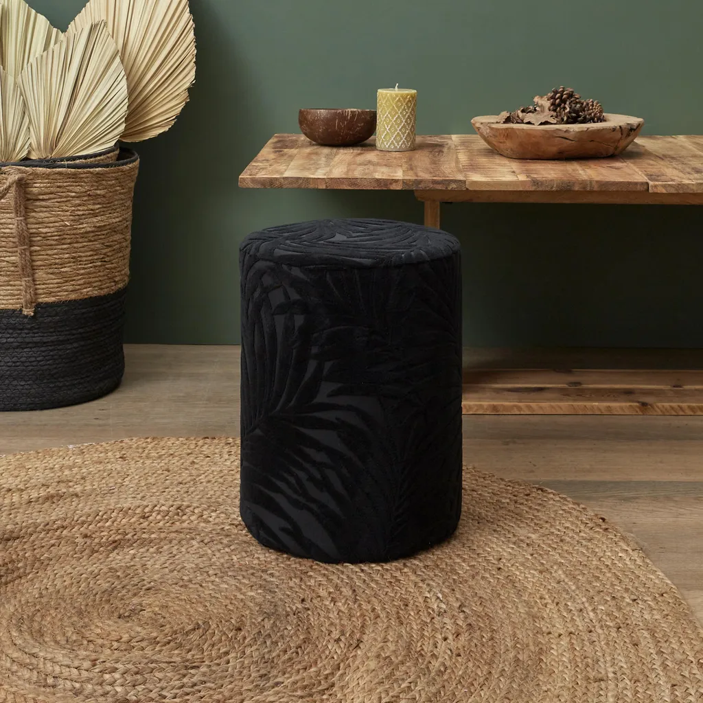 Pouf de salon moderne Leaf noir, assise d'appoint en tissu pour votre séjour