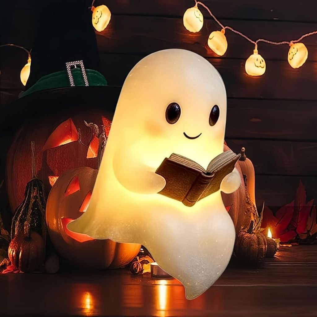 Halloween Geisterstatue Nachtlicht,Niedliche Bücher Geisterleselampe,Halloween-Dekoration,3D-LED-Nachtlicht für Schlafzimmer,Party,Regal (Groß-2...