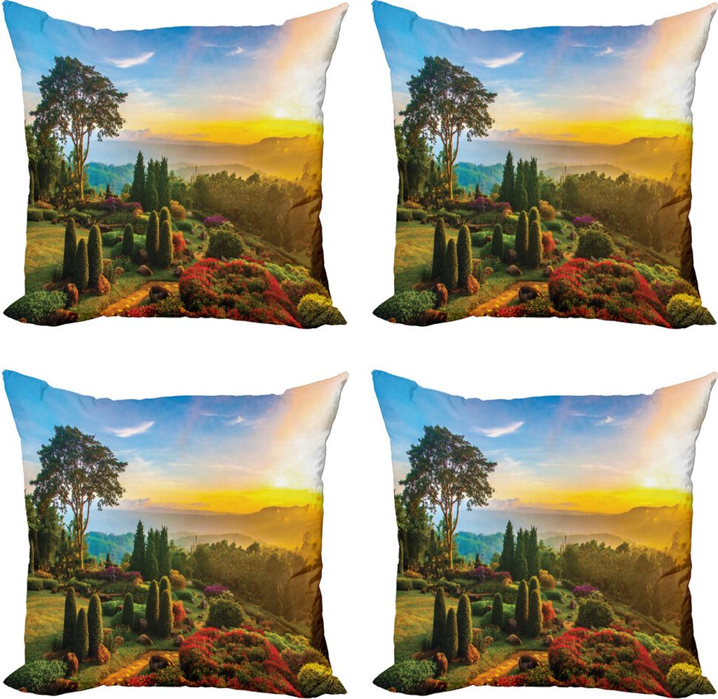 ABAKUHAUS Garten Kissenbezug Set (4 Stück), Bunte Idylle Natur, Moderner Doppelseitiger Digitaldruck, 50 cm x 50 cm, Mehrfarbig