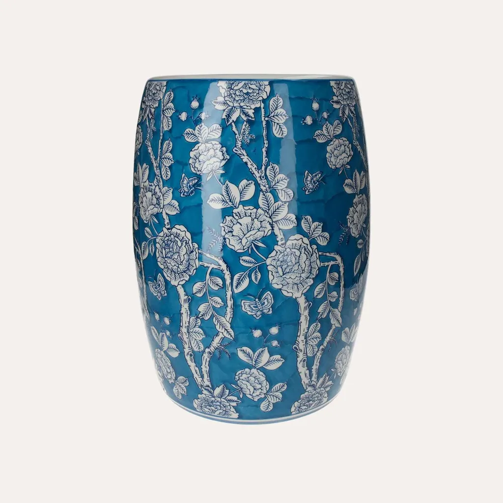 KEYHOMESTORE Pouf en porcelaine décoré de fleurs et papillons blancs