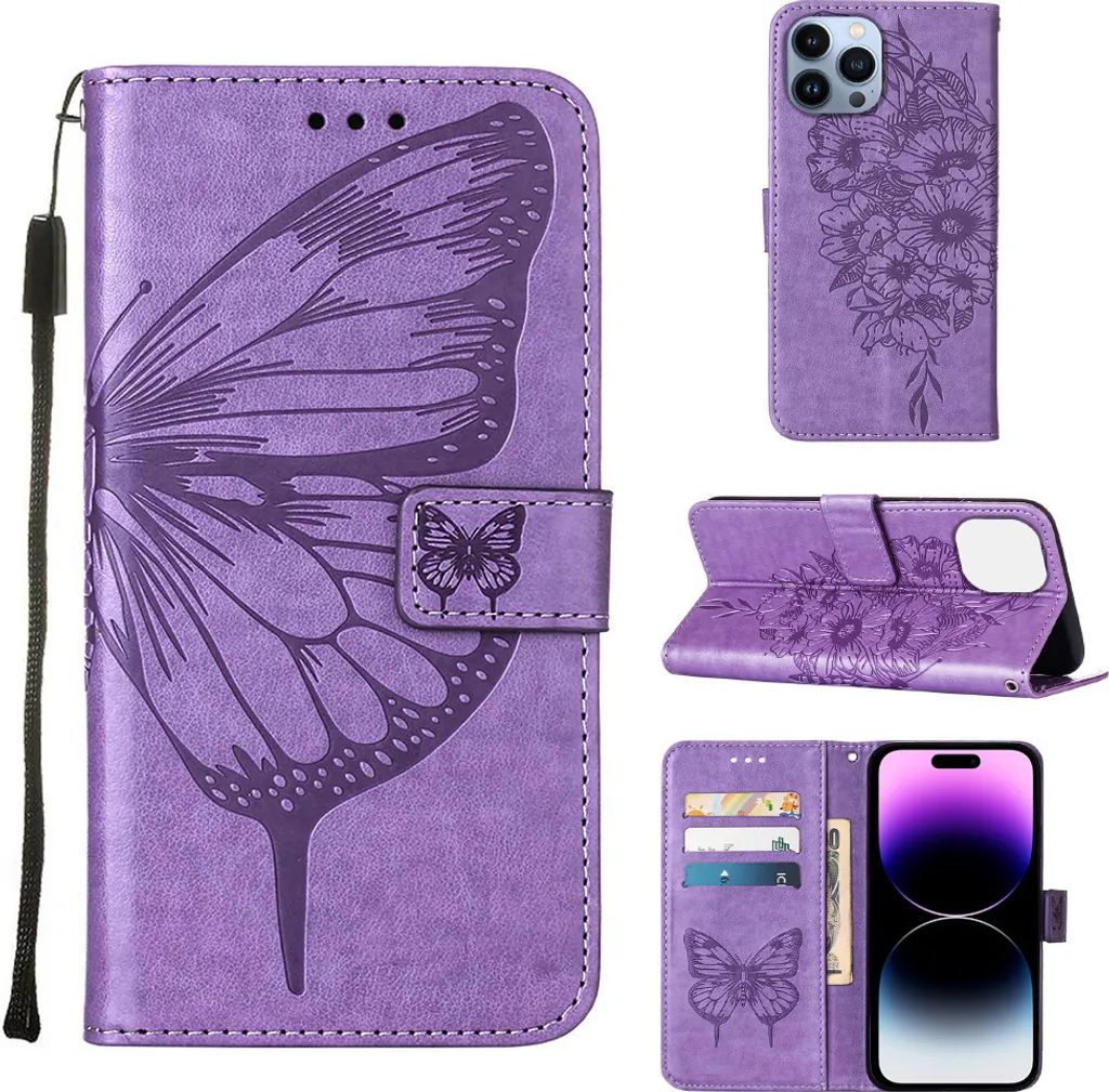 Cover Protettiva iPhone 14 Pro Flip Wallet Viola Butterfly Relief 3D