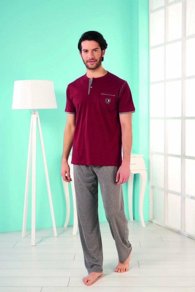 Herren Pyjama Schlafanzug Bordeuax M Kurz 2-Teiler Set %100 Baumwolle S-75