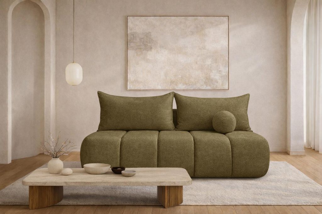 Kaiser Möbel Sofa mit Schlaffunktion und Bettkasten, Schlafsofa, Veloursstoff Monolith, Olive, PIANO
