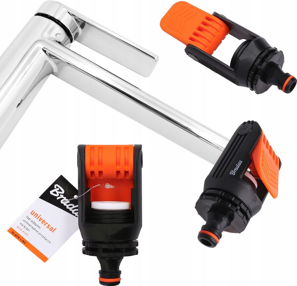 A chrome faucet with two black and orange hose connectors, one with a tag attached.