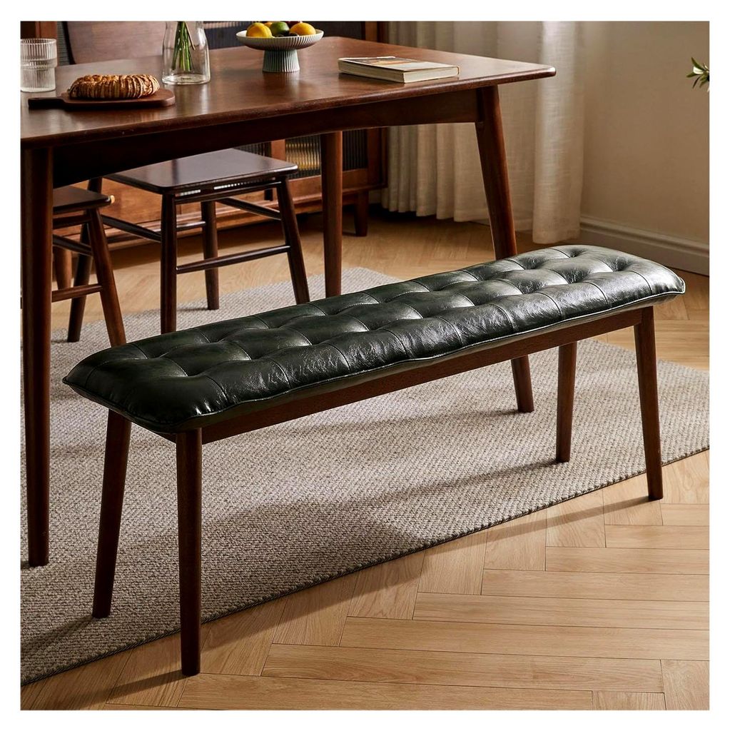 Eingangsbank, Esszimmerbank aus Massivholz, Mid-Century Bank mit gepolstertem Kunstledersitz, Schlafzimmerbank, 120 cm L x 32 cm B x 45 cm H (Grün)