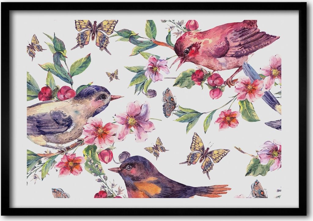 Bild - Bilder - Bilderrahmen - 70 cm x 50 cm - MDF-Rahmen, Wandkunst Vögel Schmetterlinge Kirschen