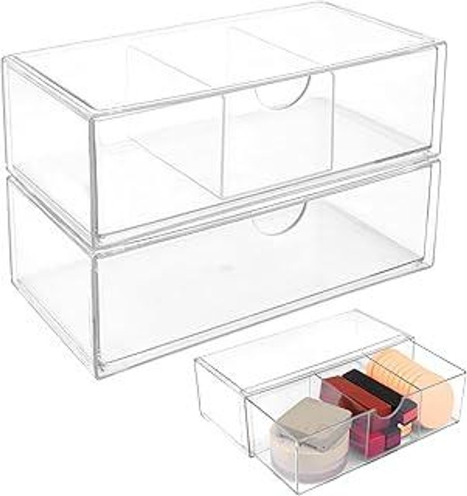 2 Stück Stapelbar Kosmetik Schubladen Acryl Box mit Schubladen Transparente Schublade Kosmetik Organizer Schubladen Acryl Make-up Organizer für W...
