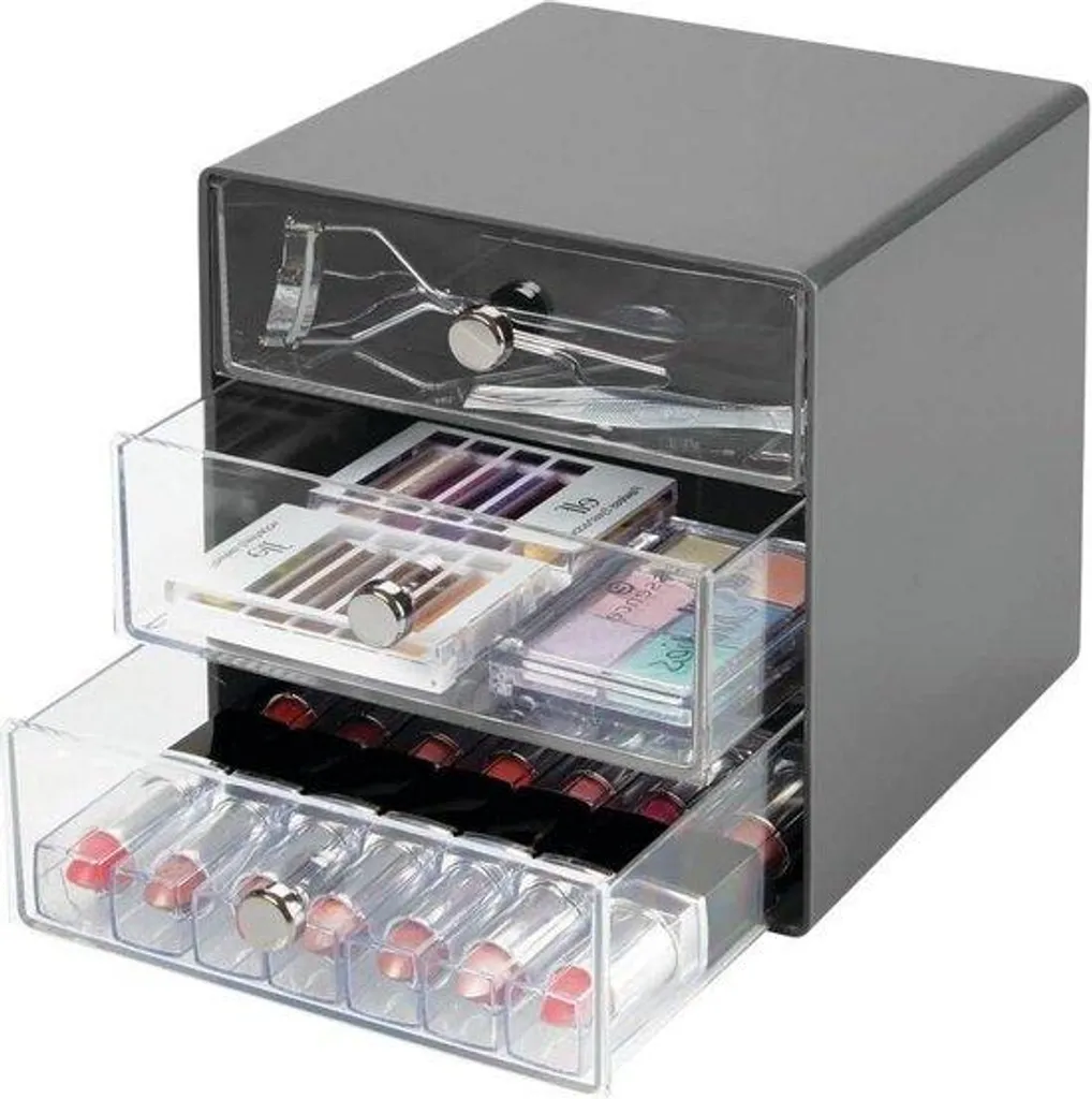 Organisateur maquillage avec tiroir 3 compartiments gris translucide
