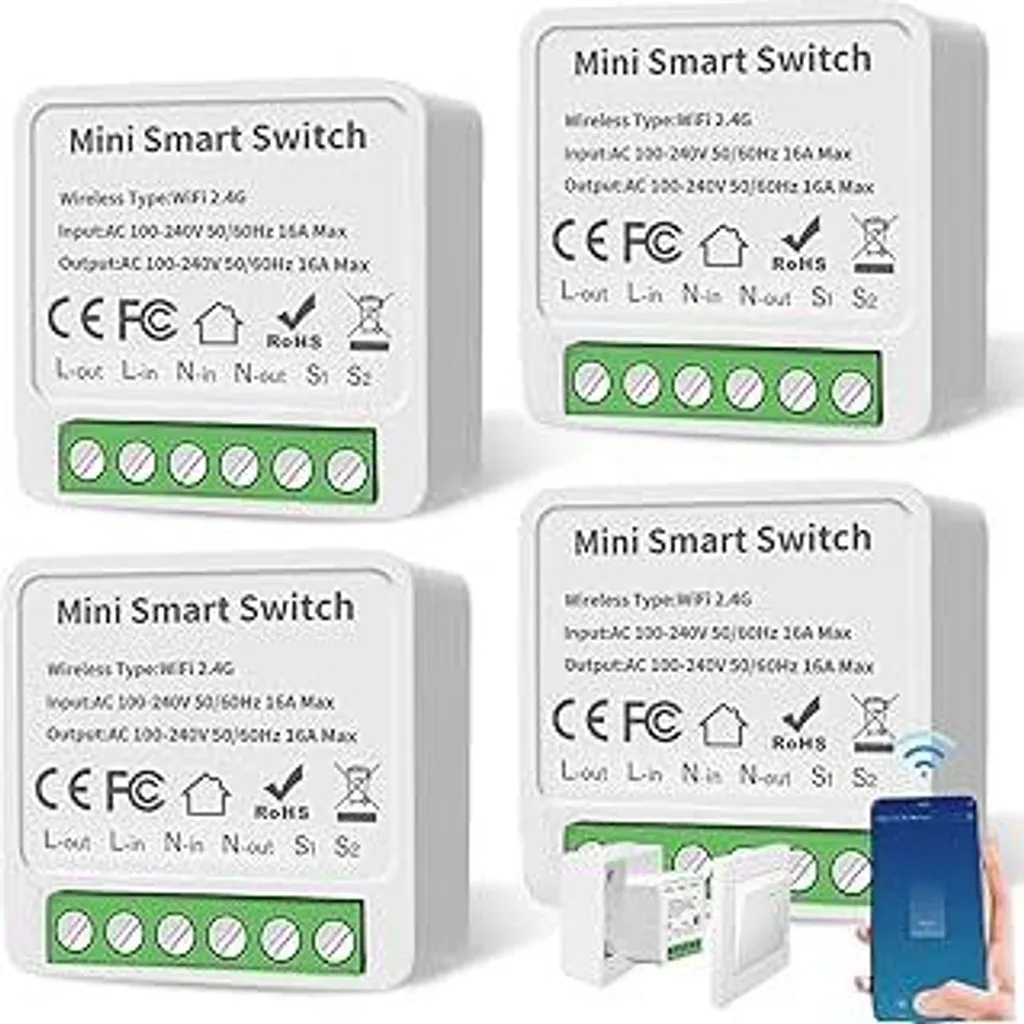 Confezione da 4 interruttori intelligenti a 1 via, compatibili con Smart Life, mini moduli interruttori intelligenti fai da te, interruttori intelligenti, interruttori Wi-Fi, interruttori intelligenti compatibili con Tuya, Echo, Google Home